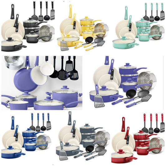 16 Piece Cookware Set, Non-Toxic PFAS-Free Ceramic Nonstick, Frying, Sauce, Saute, Utensils, Glass Lids, Stay-Cool Handles, Wobble Free, Dishwasher & Oven Safe,