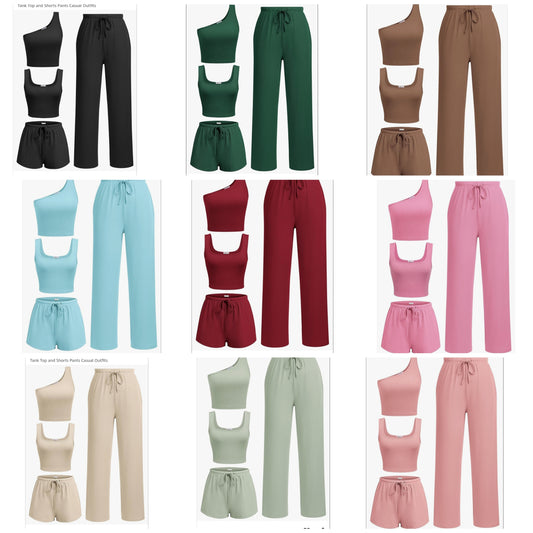 Womens 4 Piece Sets Ribbed Knit Crop Tank Top and Shorts Pants Casual Outfits or lounge wear