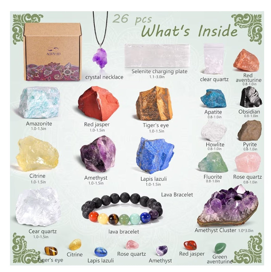 26 PCS Crystals and Healing Stones, Healing Crystals Gift Set, 7 Raw Chakra Stone, 7 Tumbled Gemstones, Crystal Amethyst Necklace, Selenite Plate, Lava Bracelet, Clear Quartz, Gift Box