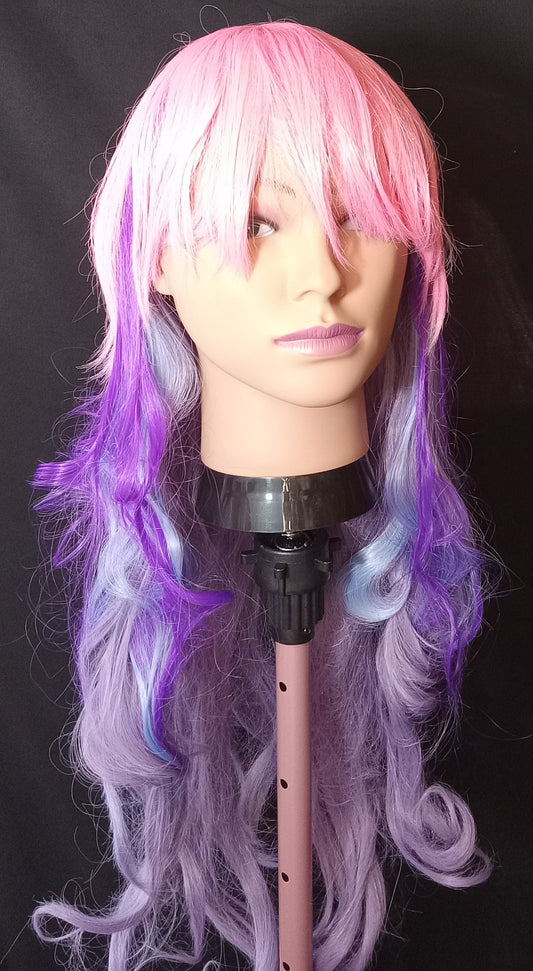 COCOMONEY WIG LONG PURPLE AND PINK WAVY CURLY SYNTHETIC