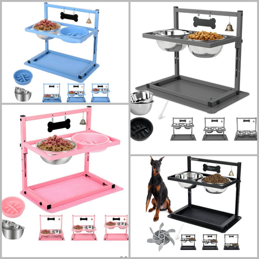 Elevated Dog Bowl Stand with Two 1700ml Stainless Steel Food Bowls, Slow Feeder and Spill Proof Mat, Adjustable Feeder for Large, Medium and Small Dogs