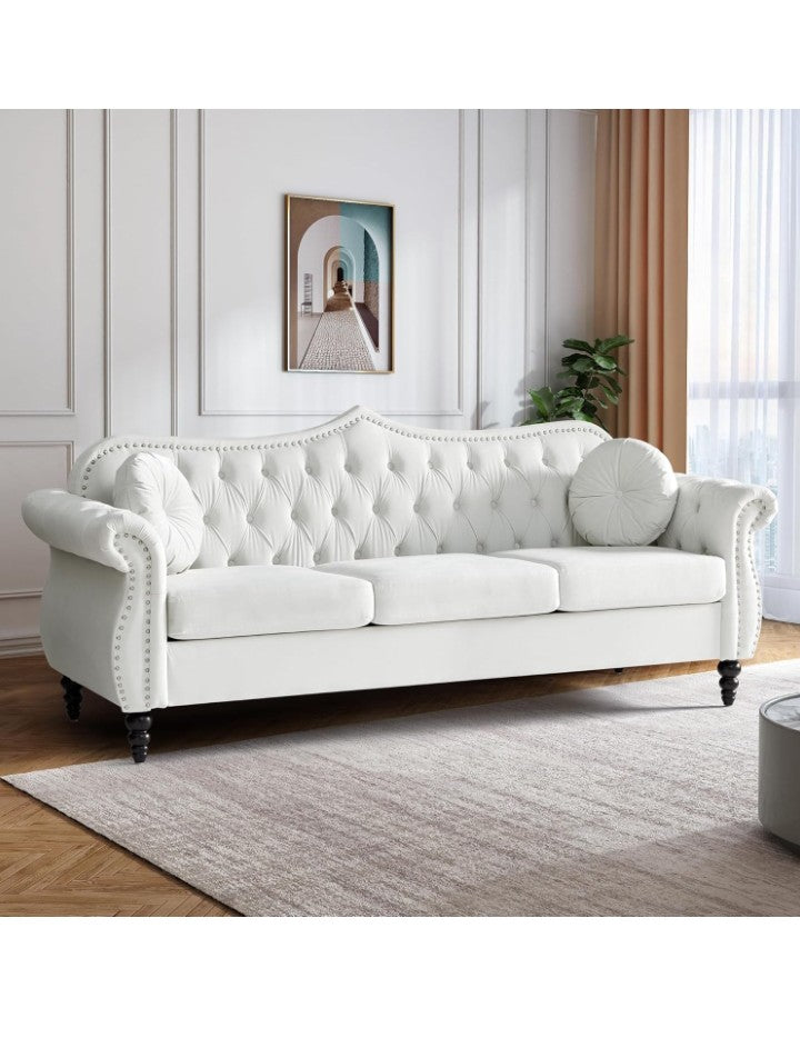 82" Three Seater Sofa, Chesterfield Sofa, Mid-Century Modern Velvet Upholstered Sofa, Deep Button Tufted Living Room Sofa with Two Throw Pillows,
