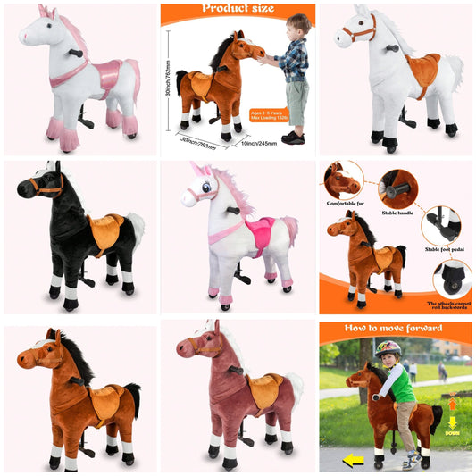 Kids Plush Ride On Toy Walking Horse With Wheels, 30" H&35" H, Ride On Horse Toy Plush Walking Animal Horse Size For Age 3-5&4-9,No Battery, Children's Birthday Gift
