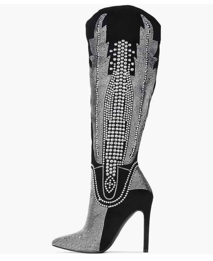 Knee High Cowboy Boots Women Western Wide Calf Rhinestone Cowgirl Boots for Women with Stiletto Heels Fashion Dress Boots for Women