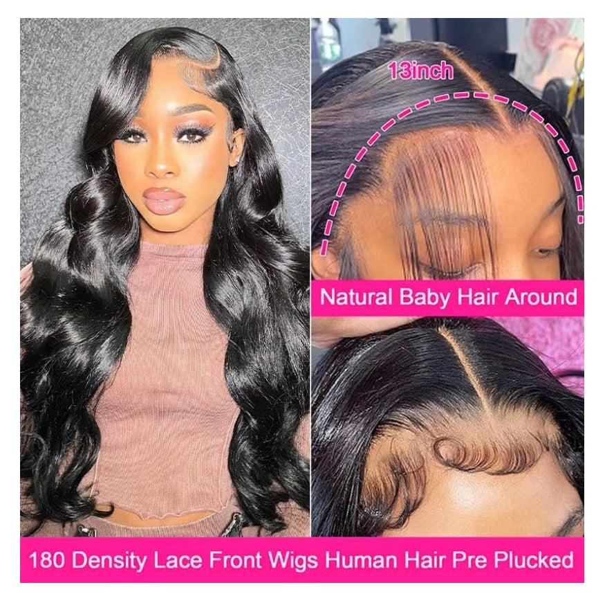 30 Inch Lace Front Wigs Human Hair Body Wave Wig 13x4 Pre Plucked 180 Density HD Transparent Lace Frontal Wigs Human Hair for Women Body Wave Human Hair Wigs with Baby Hair Natural Black