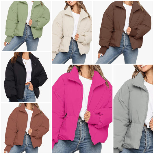Long Sleeve Zip Puffer Jacket Pockets Baggy Short Coats