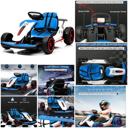 24V Ride On Race Car For Kids, Drift Kart Car W/ 10Ah Large Battery For Ages 6+