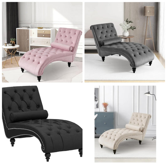 Velvet Chaise Lounge Indoor with Toss Pillow, Modern Pink Chaise Lounge Chair, Upholstered Armless Velvet Chairs with Tufted Buttons and Nail Heads for Living Room, Bedroom Furniture