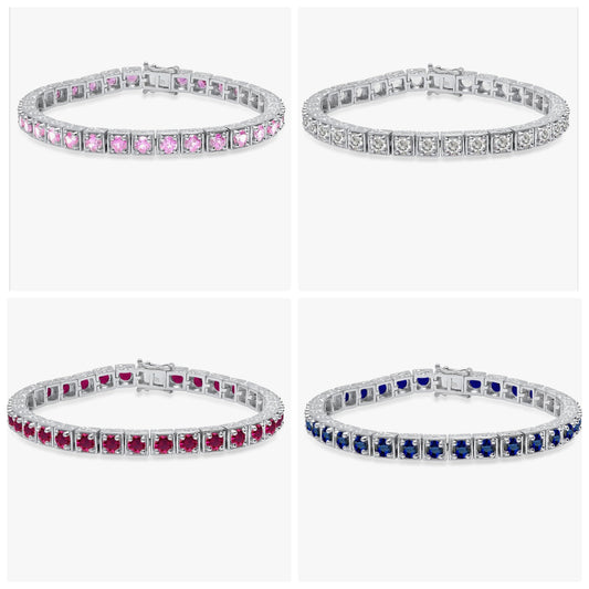 4mm Each Round Lab Created Gemstone Square Framed Tennis Bracelet for Women in 925 Sterling Silver