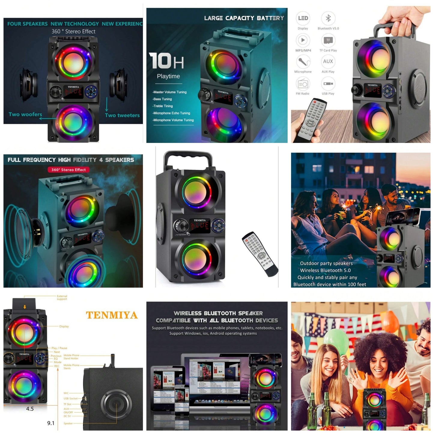 Bluetooth Speaker, 40W (60W Peak) Portable Wireless Speaker With Colorful Lights, Double Subwoofer Heavy Bass, FM Radio, MP3 Player, Loud Stereo Speaker For Home Outdoor Party Camping