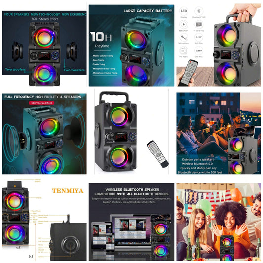 Bluetooth Speaker, 40W (60W Peak) Portable Wireless Speaker With Colorful Lights, Double Subwoofer Heavy Bass, FM Radio, MP3 Player, Loud Stereo Speaker For Home Outdoor Party Camping