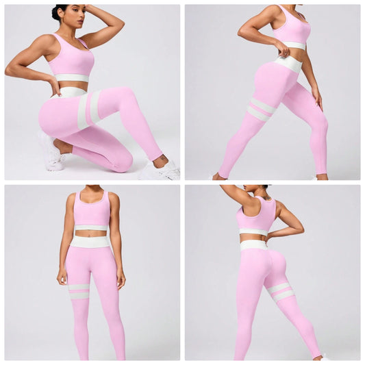 Women Contrast Color Round Neck Cropped Tank Top & Leggings Set, Daily Fitness Sports Outfit Gym Set COCOMONEY