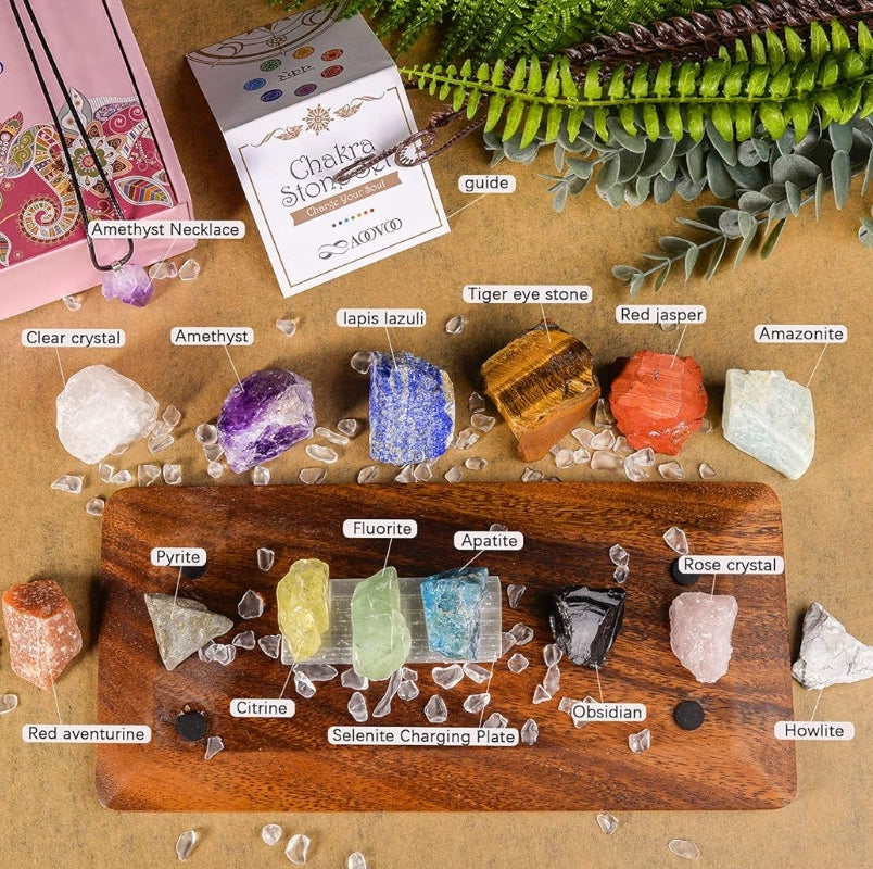 17Pcs Crystals and Healing Stones, 14Pcs Real Raw Chakra Stones Set, Selenite Charging Plate, Amethyst Necklace, Rose Quartz, Mothers Day Gifts, Gift Box, Guide for Beginners, Collection, Meditation, Yoga