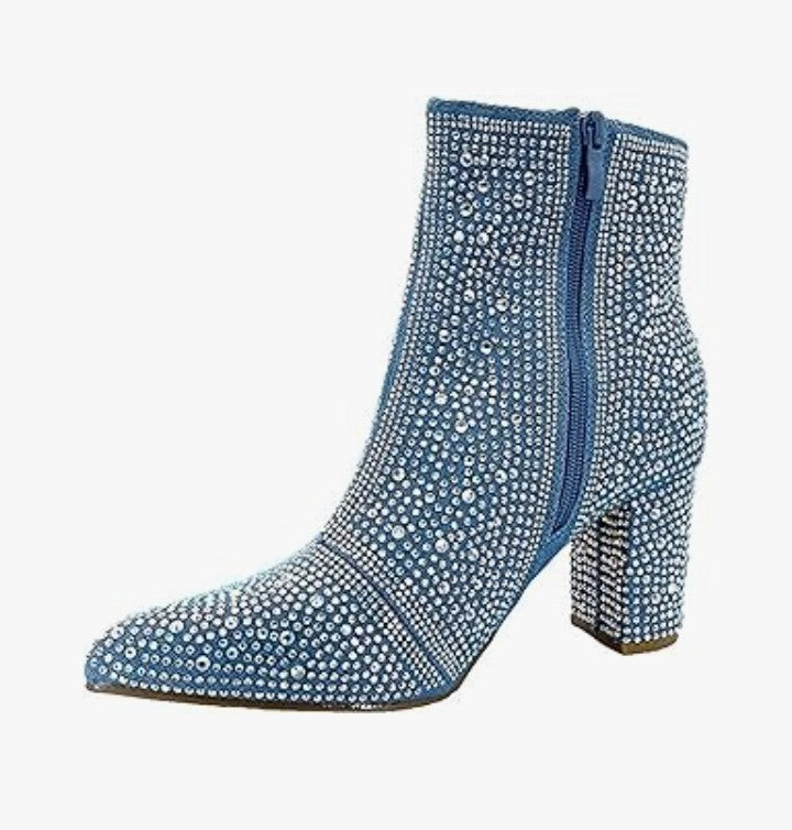 Rhinestone Block Chunky Heel Ankle Bootie