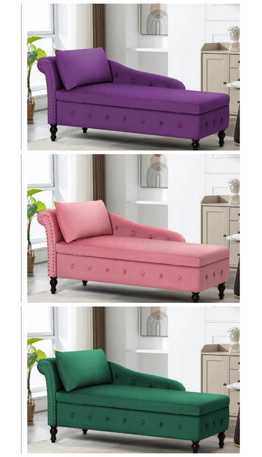 Upholstered Velvet Chaise Lounge with Left Armrest & Storage Space,Button Tufted Lounge Chair w/Lumbar Pillow,Modern Lounge Chair for Bedroom, Living Room and Office