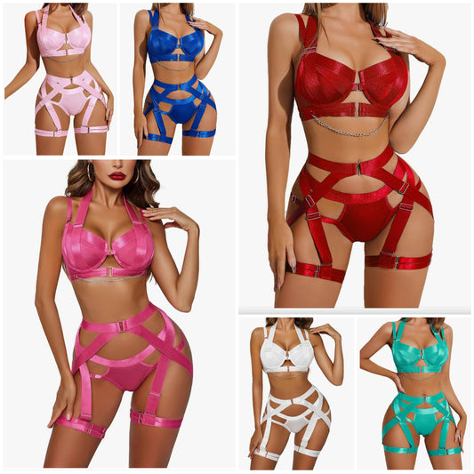 Lingerie Set for Women Sexy Strappy Lingerie Underwire Push Up Bra Garter Set Lingerie with Chain