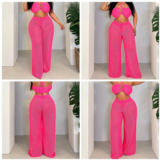 Halter Neck Strap Front Hollow Cut-Out Sweater + Crocheted Wide-Leg Super Long Pants Rose Red Women's Sweater Two-Piece Set COCOMONEY