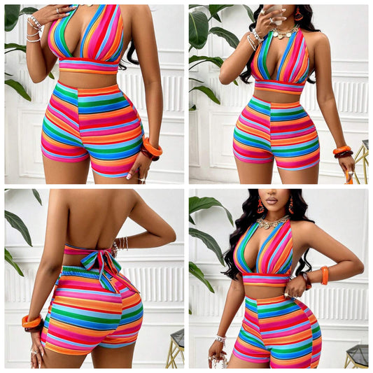 Colorful Striped Tie-Back Halter Top & Shorts Set For Boho Beach Vacation (Random Floral) COCOMONEY