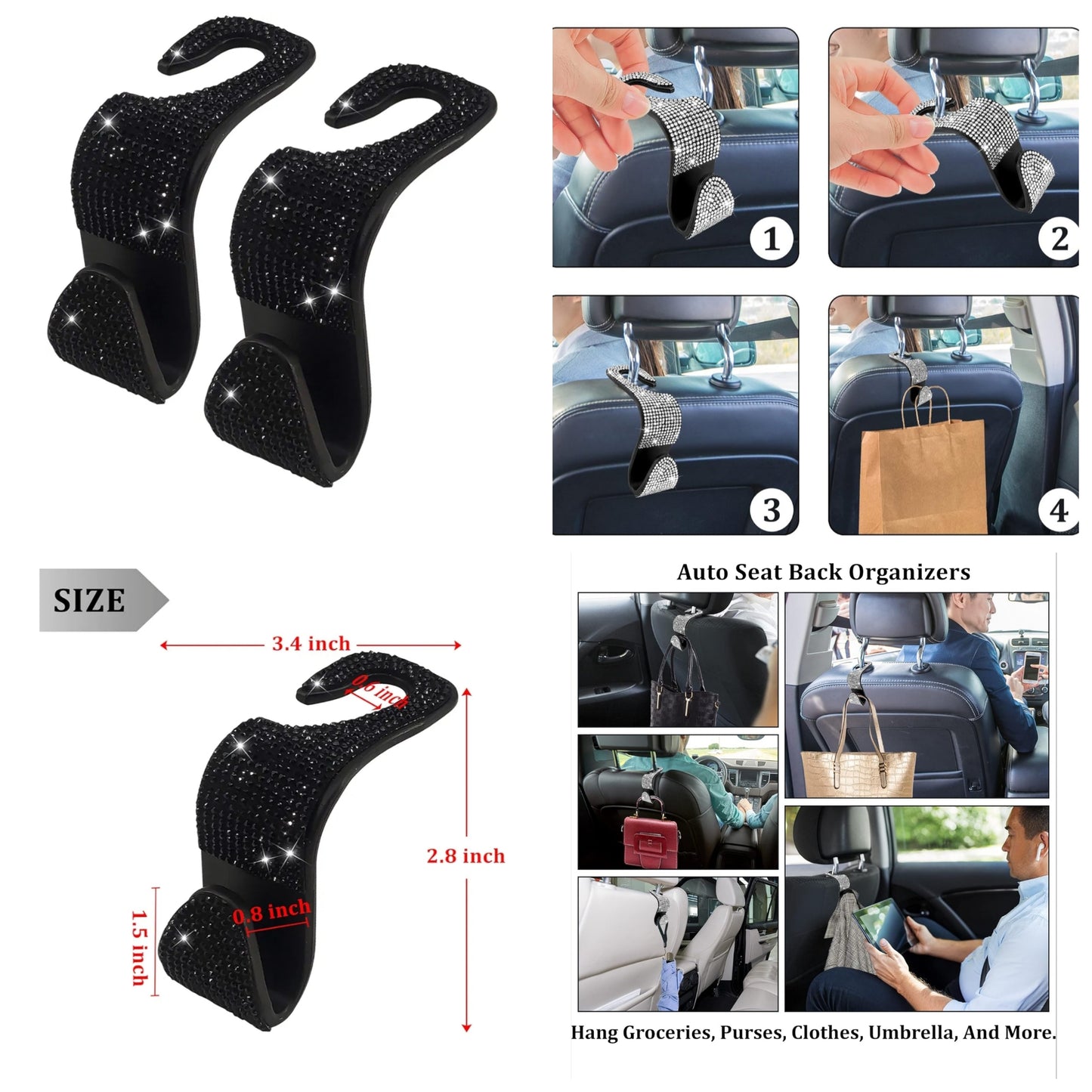 2 Pack Car Hooks, New Bling Rhinestones Crystal Hooks Car Decorations Auto Seat Back Organizers Strong and Durable Backseat Hanger Storage Universal for SUV Truck Vehicle (Silver2)