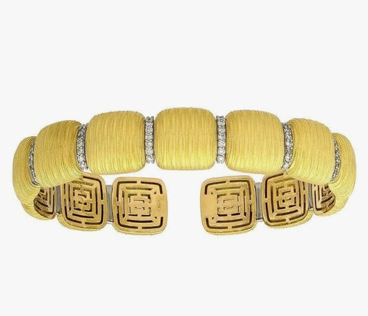 COCOMONEY 0.40 Ct Diamond 18k Yellow Gold 14mm Textured Satin Finish Fancy Style Cuff Bangle Bracelet