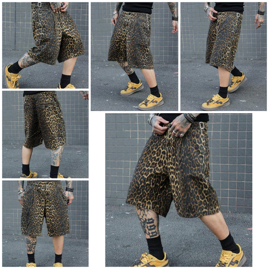 Men's Leopard Print Wide Leg Casual Denim Shorts COCOMONEY