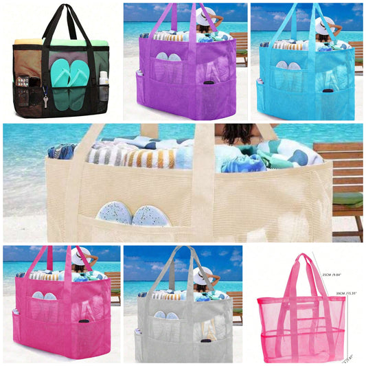 Mesh Beach Bag Large Beach Tote Bag, Multi-Use Organizer With Zipper Closure, Foldable Handy Large Mesh Tote Bag Lightweight For Family Beach Bag For Toys & Vacation Essentials ,School Bag,Large Capacity, Waterproof, Lightweight, Portable, Foldable,