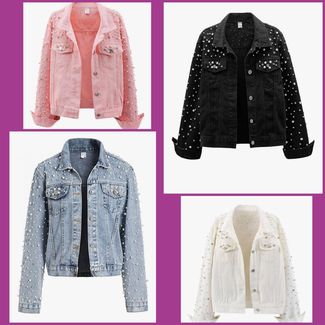 Pearls Denim Jacket Cropped Rhinestones Jean Jacket Coat