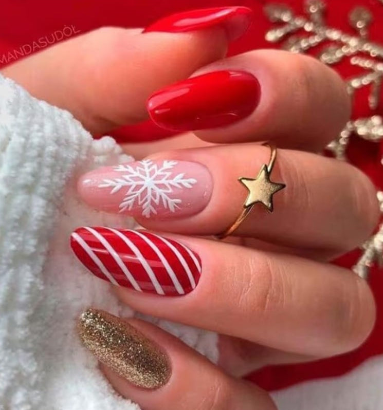 6 Packs (144 Pcs) Christmas Press on Nails Medium Almond Fake Nails Winter Xmas False Nails with Designs Snowflake Glue on Nails Full Cover Glossy Acrylic Stick on Nail for Women Girls Manicure