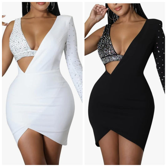 COCOMONEY Sexy Asymmetric Sleeve Deep V Neck Rhinestone