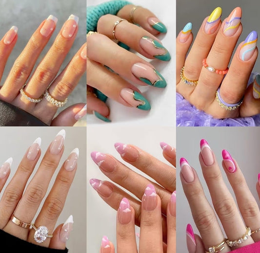 6 Packs (144 Pcs) Press on Nails Medium Design, Misssix Short Fake Nails Almond French Glue on Nails Set with Adhesive Tabs Nail File Acrylic False Nail Kits for Women