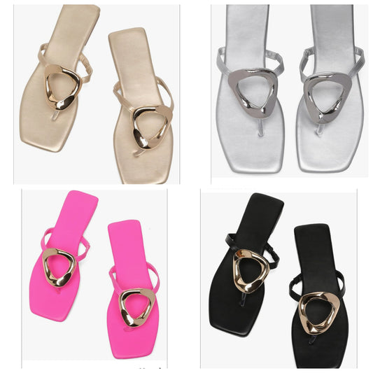 Women's Flip Flop Flat Summer Sandals,Ladies Memory Foam Square Toe Beach Strappy Bling Metal Cute Comfortable Trendy Leather Outdoor Indoor