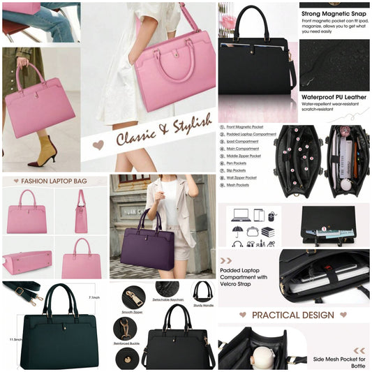 Laptop Bag For Women 15.6 Inch Laptop Tote Bag Leather Work Bag Waterproof Briefcase Business Office Computer Bag Large Capacity Handbag Shoulder Bag COCOMONEY