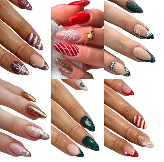 6 Packs (144 Pcs) Christmas Press on Nails Medium Almond Fake Nails Winter Xmas False Nails with Designs Snowflake Glue on Nails Full Cover Glossy Acrylic Stick on Nail for Women Girls Manicure