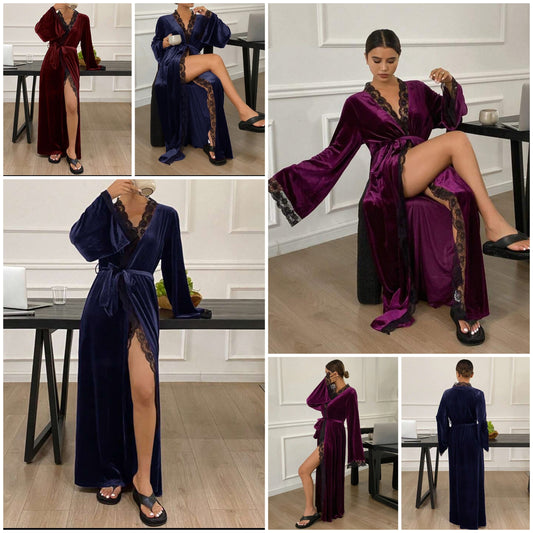 1pc Velvet & Contrast Lace Long Robe, Cocomoney