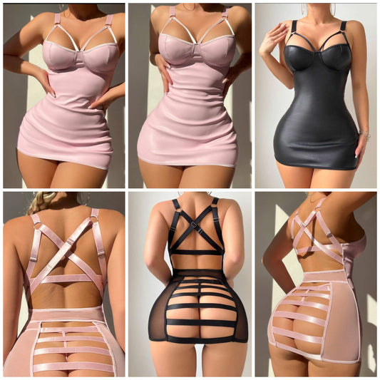 2pcs/Set Women Sexy PU Lace-Up Backless Nightgown COCOMONEY