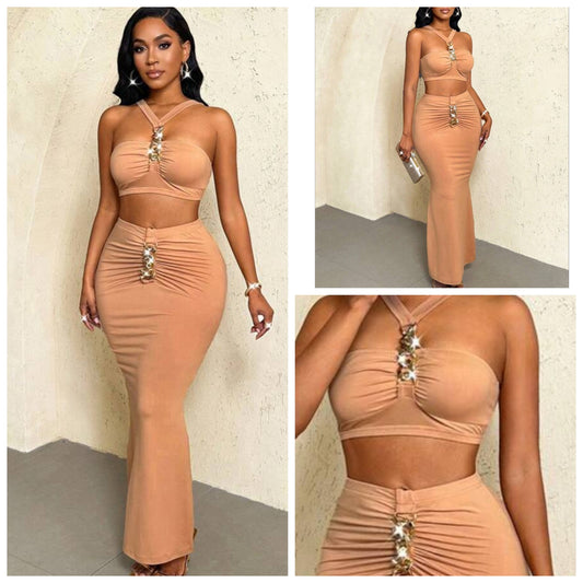 Temperament Comfortable Metal Chain Two-Piece Set Women's Summer Chest Chest Pleated Design Short Top High-Waisted Long Skirt Set Seaside Vacation Daily Dating Slimming Hot-Selling Model