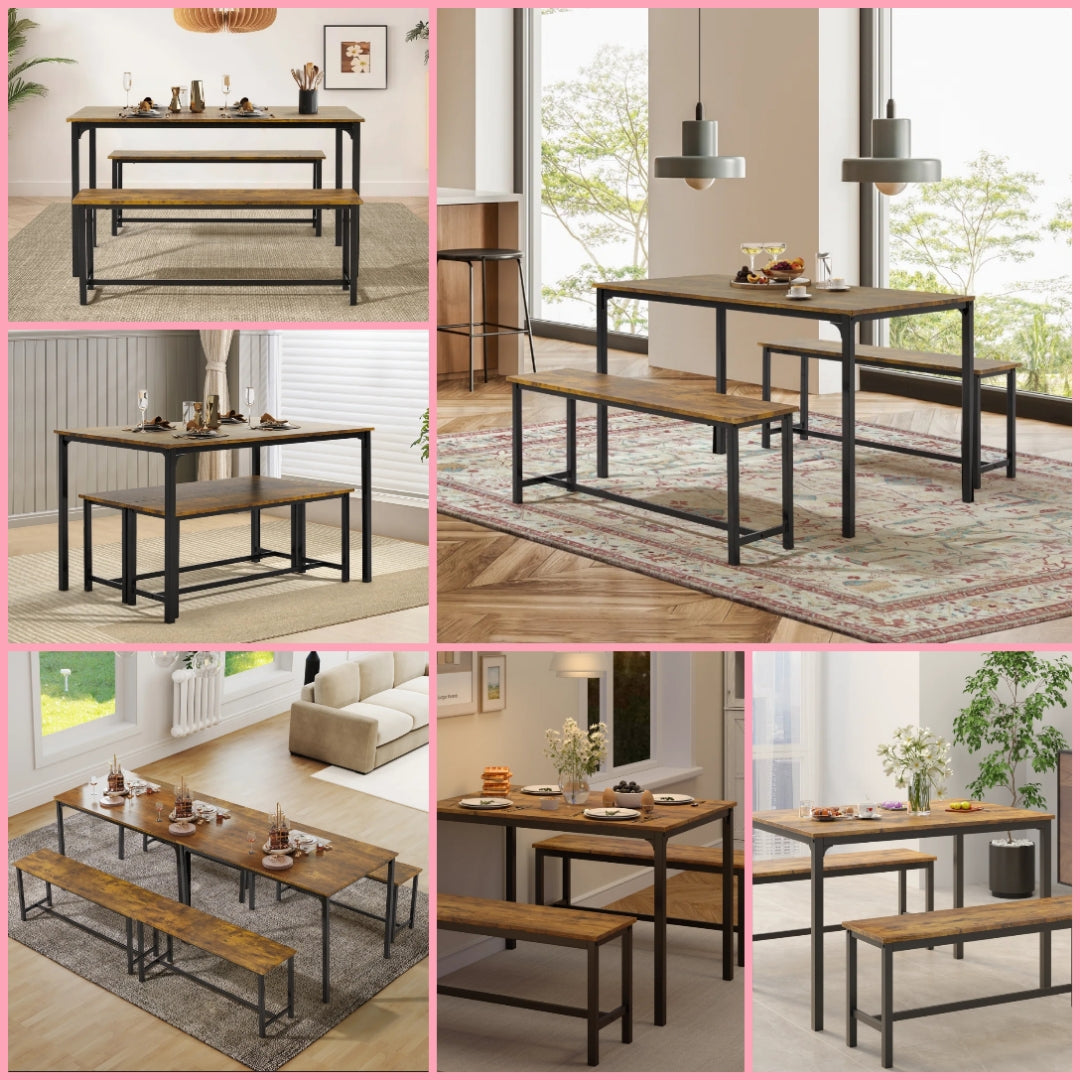 Dining Table Set For 4-6, Ultra-Long Kitchen Table With 2 Benches For Dining