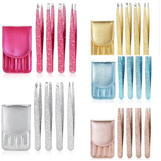 Glitter Tweezer Set 4-Piece Professional Stainless Steel Tweezers for Men and Women, Precision for Eyebrows, Ingrown Hair, Facial Hair, and Lash Extensions