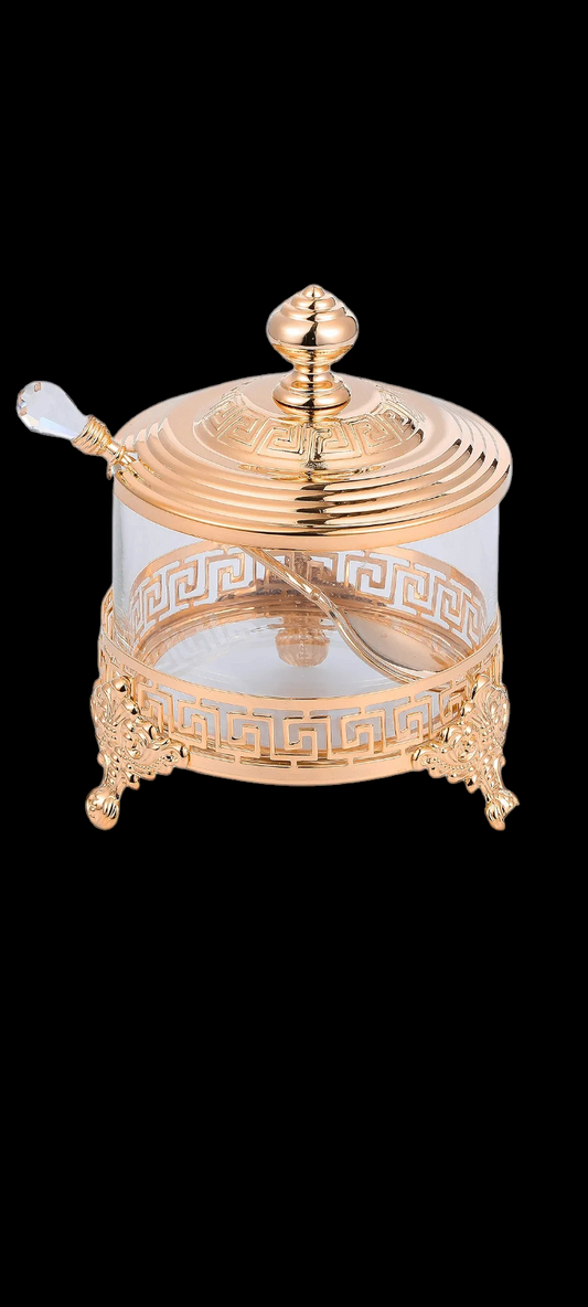 24K Gold Plated Sugar Bowl Honey Dish Candy Dish Glass Bowl - Contemporary Design with Crystal Studded Spoon