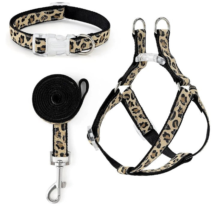 Leopard Dog Harness Collar Leash Set | Adjustable No Pull Dog Halter Harness for Medium Breed Dogs | Easy Control for Training Walking