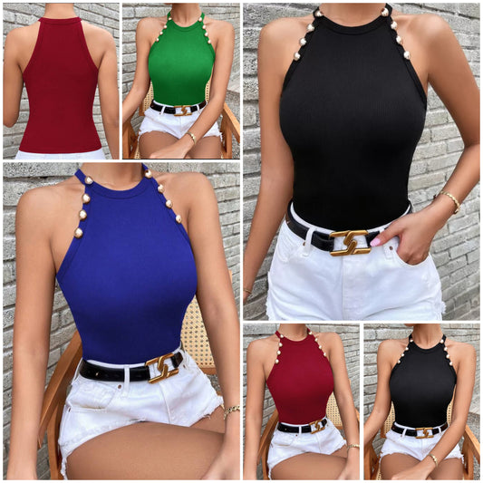 Gold Button Detail Rib-knit Halter Top COCOMONEY