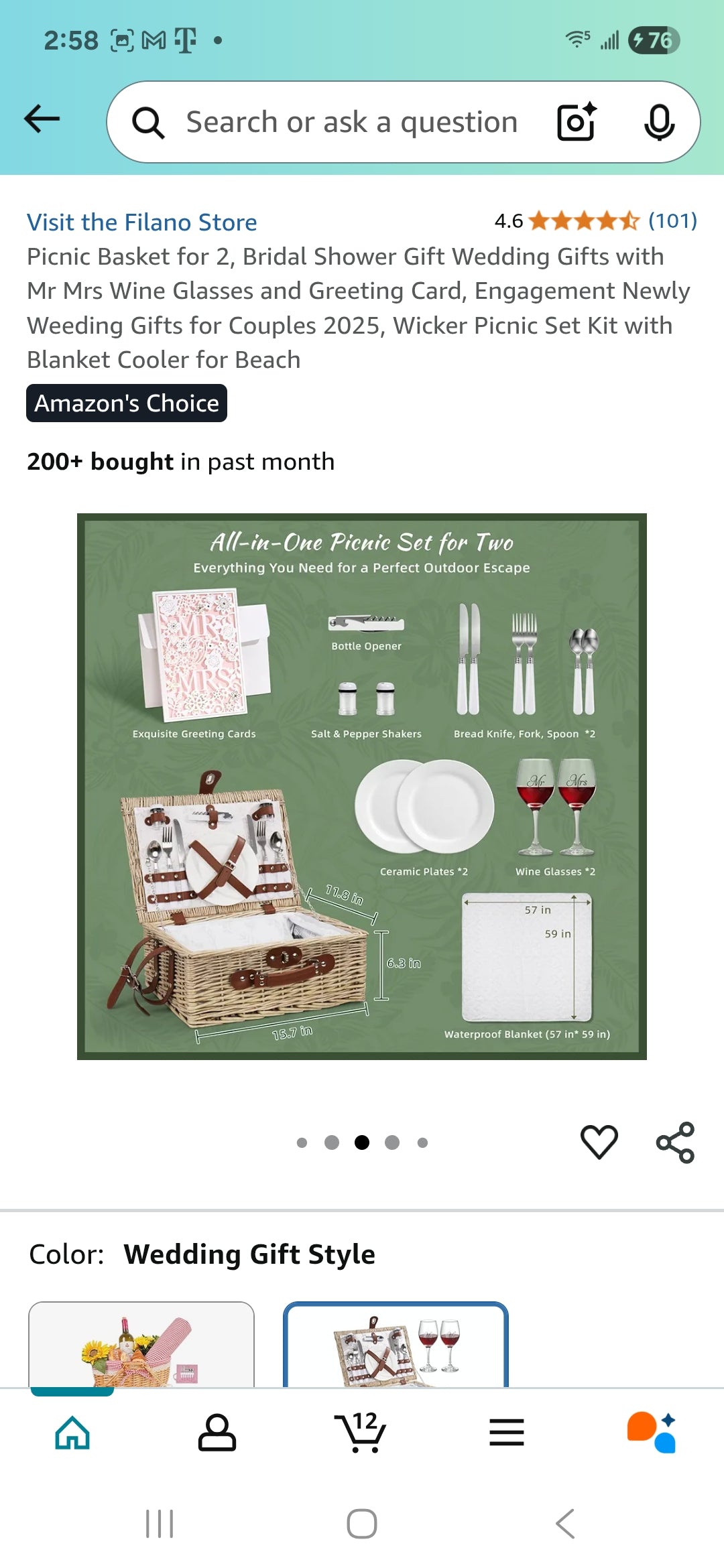 Picnic Basket for 2, Bridal Shower Gift Wedding Gifts with Mr Mrs Wine Glasses and Greeting Card, Engagement Newly Weeding Gifts for Couples 2025, Wicker Picnic Set Kit with Blanket Cooler for Beach