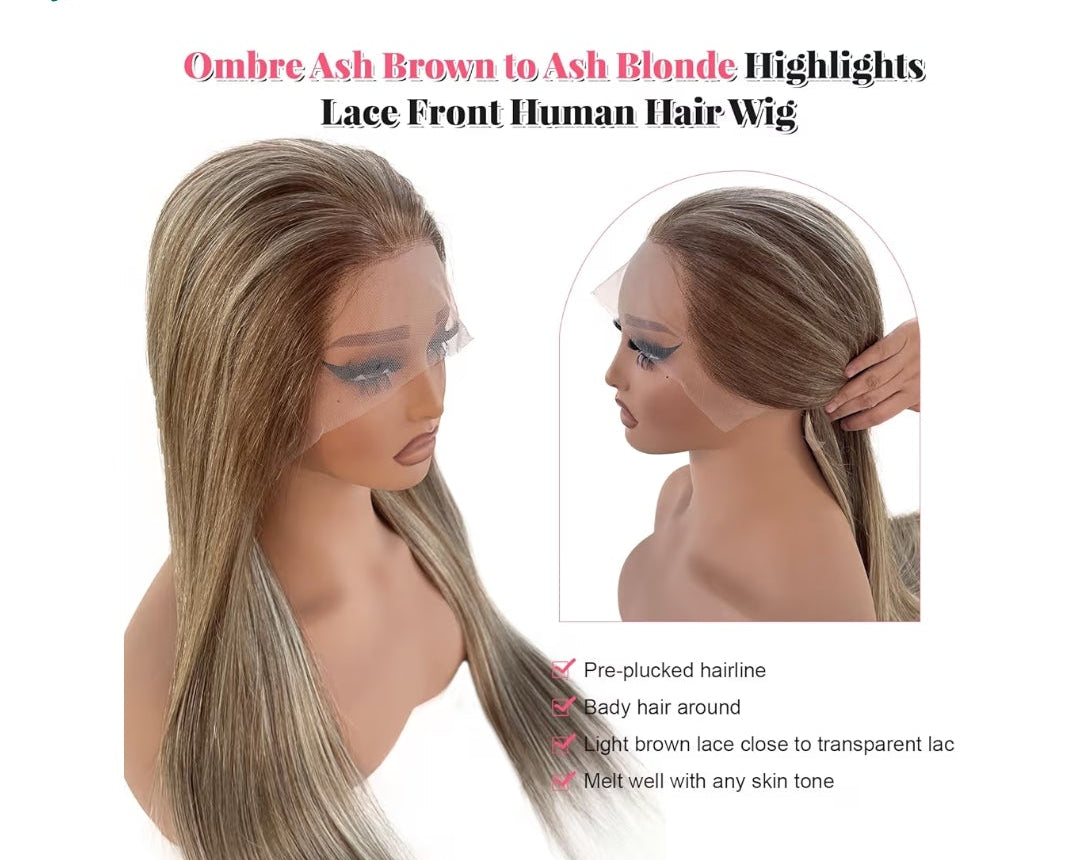 32 Inch Long Highlight Ash Blonde Wigs Human Hair Balayage Ombre, Ash Blonde to Light Brown Highlight, Lace Front Wig Virgin Hair
13x4 HD Transparent 150% Density Glueless Pre Plucked Wigs for Women