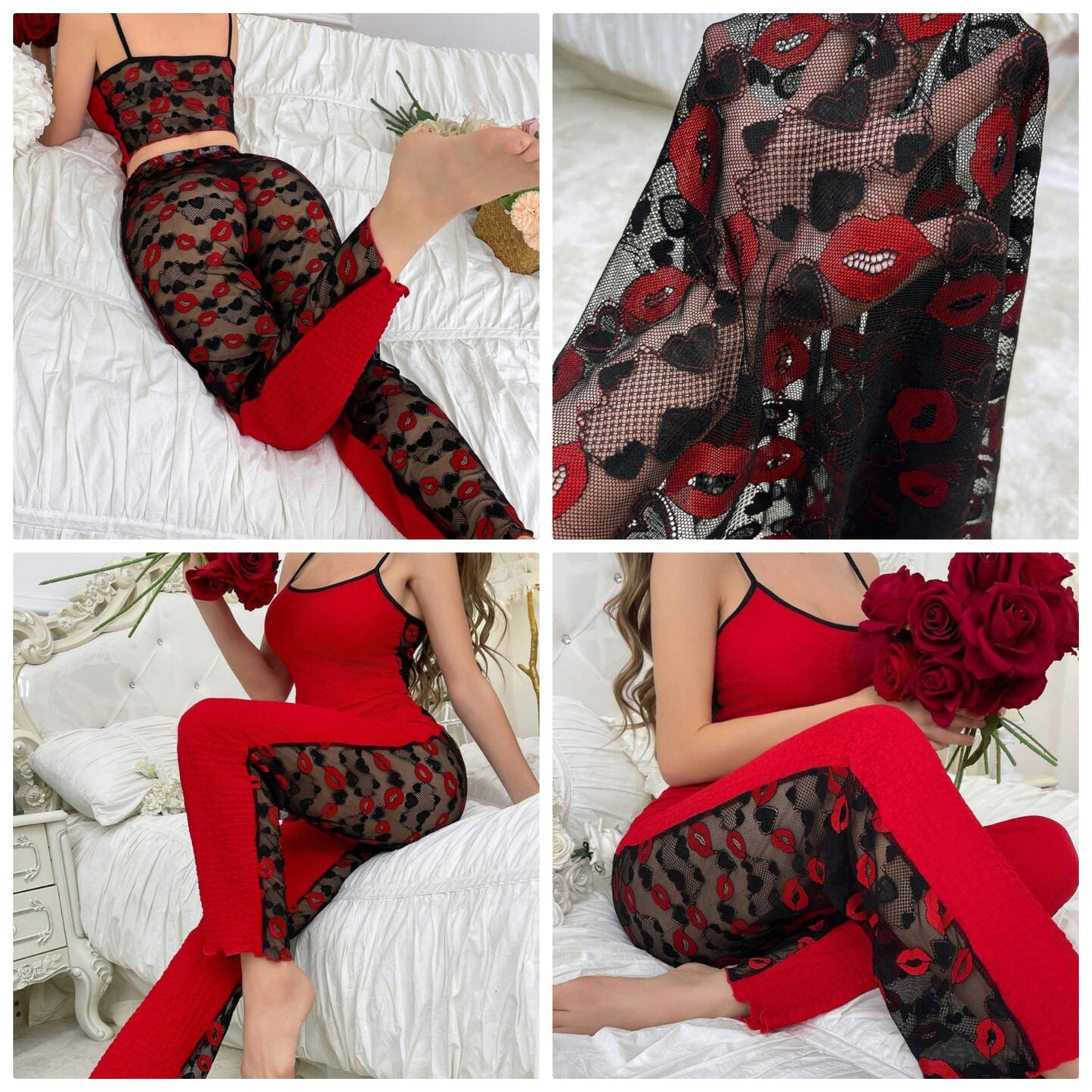 2pcs/Set Contrast Color Lace See-Through Backless Camisole And Pants Sleepwear