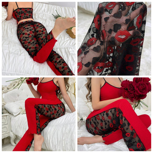 2pcs/Set Contrast Color Lace See-Through Backless Camisole And Pants Sleepwear