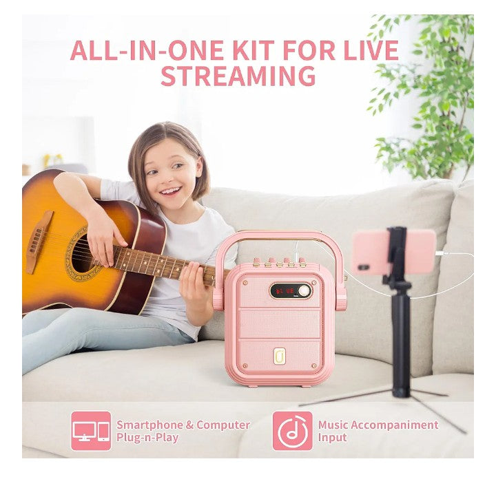 JYX Karaoke Machine with 2 Wireless Mics,Pink Karaoke Speaker with Treble/Bass Adjustment,Bluetooth Speaker PA System with Vocal Cut,8 Sound Effects,Support TWS/REC/BT/USB/SD/AUX for Party,Livestream