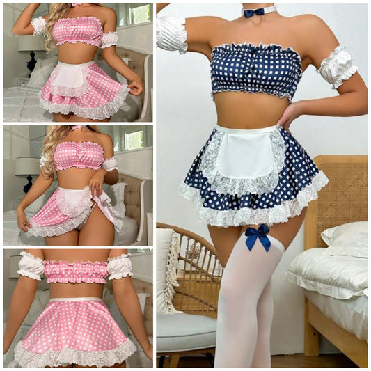 8pc set Polka Dot Print Contrast Lace Frill Trim Maid Costume Lingerie Set With Choker COCOMONEY