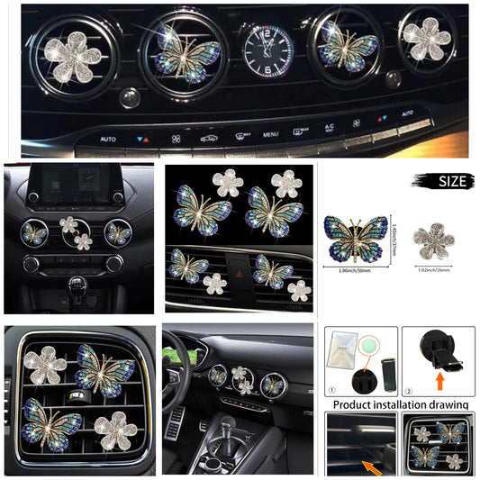 Bling Butterfly Air Vent Clips, 4 Pcs Crystal Daisy Car Air Fresheners Vent Clips Car Diffuser Vent Clip Rhinestone Diamond Flower Car Decoration Car Interior Decor Bling Car Accessories for Women (Blue)