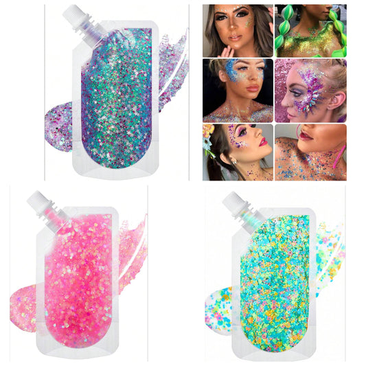 3pc Mermaid Style Glitter Gel With Sequins, Star Shaped, For Makeup, Holographic 3d Sparkling Light Reflective Effect Glitter Art, For Eye/Face/Body/Hair Decoration, Stage Makeup, Party, Festival, Dating, Anniversary Gift And Accent