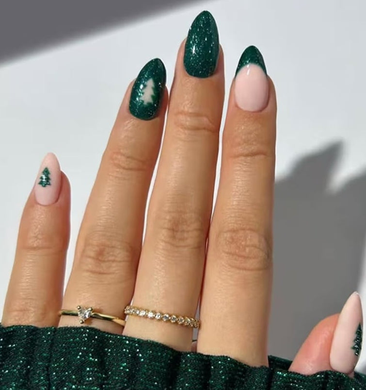 6 Packs (144 Pcs) Christmas Press on Nails Medium Almond Fake Nails Winter Xmas False Nails with Designs Snowflake Glue on Nails Full Cover Glossy Acrylic Stick on Nail for Women Girls Manicure